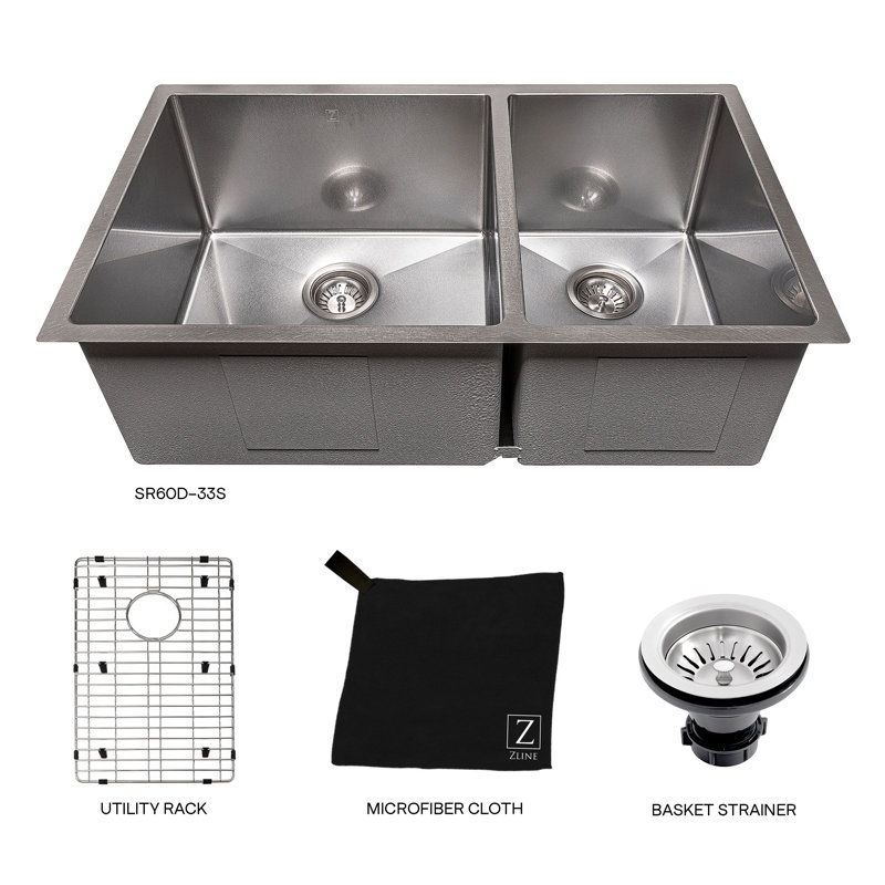 DuraSnow® ZLINE 33" Chamonix Undermount Double Bowl Fingerprint Resistant Stainless Steel Kitchen Sink with Bottom Grid