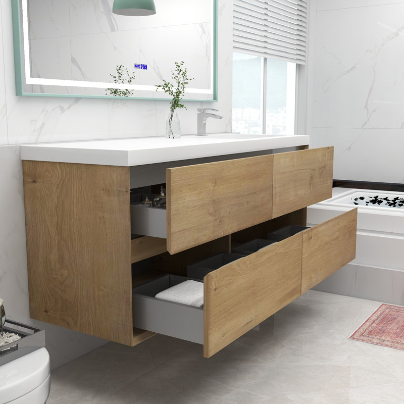 Moncear 59'' Single Bathroom Vanity with Acrylic Top, Dark Oak