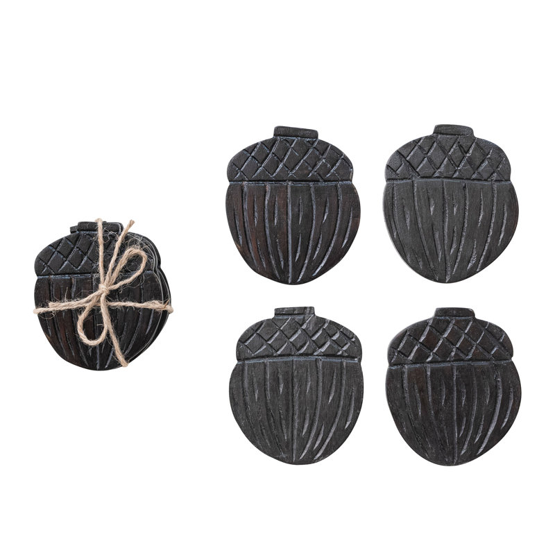 Hand-Carved Mango Wood Acorn Coaster Set