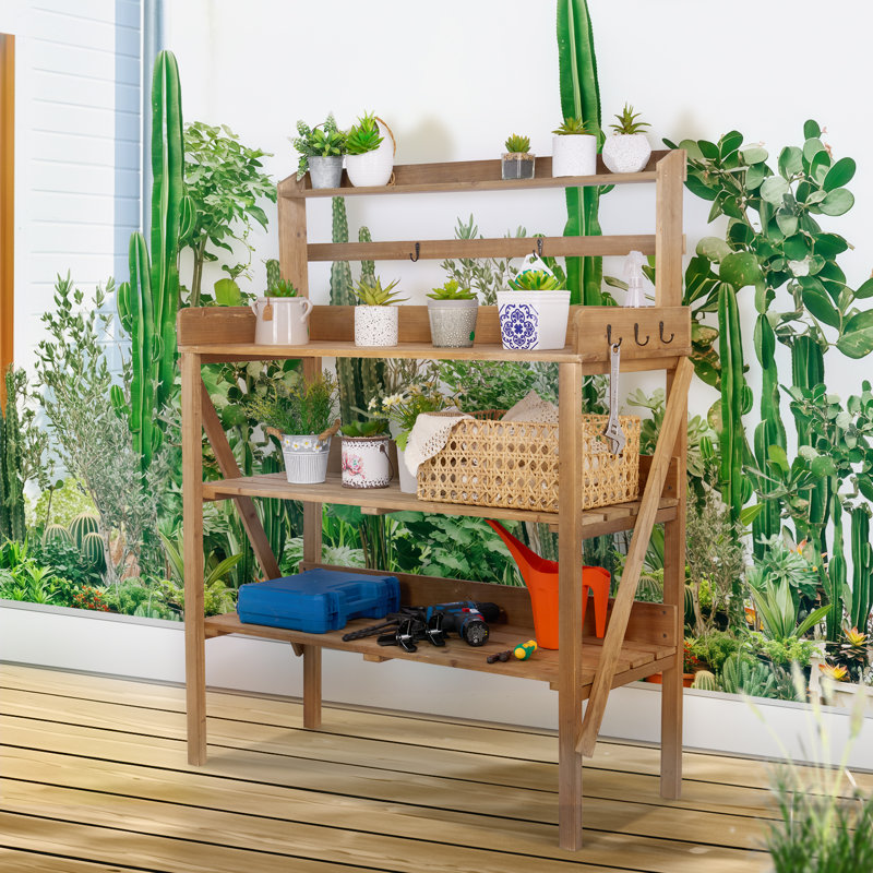 Loon Peak Hendric Fir Wood Outdoor Garden Potting Bench with Storage Shelves and Hooks - Thumbnail 2