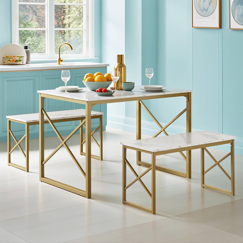 Ensemble de table de salle à manger Aithan 3 pièces 43,3 pouces avec bancs, ensemble de table de cuisine rustique pour petits espaces, ensemble de salle à manger de style campagne moderne avec banc pour cuisine et salle à manger