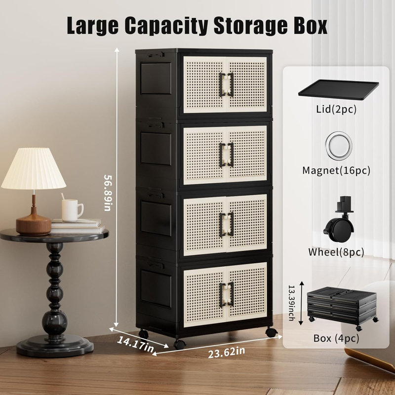 4Pack 80QT/20GAL Stackable Storage Bins With Lids, Plastic Collapsible Organizers Box With Wheels For Home, Dorm, Office