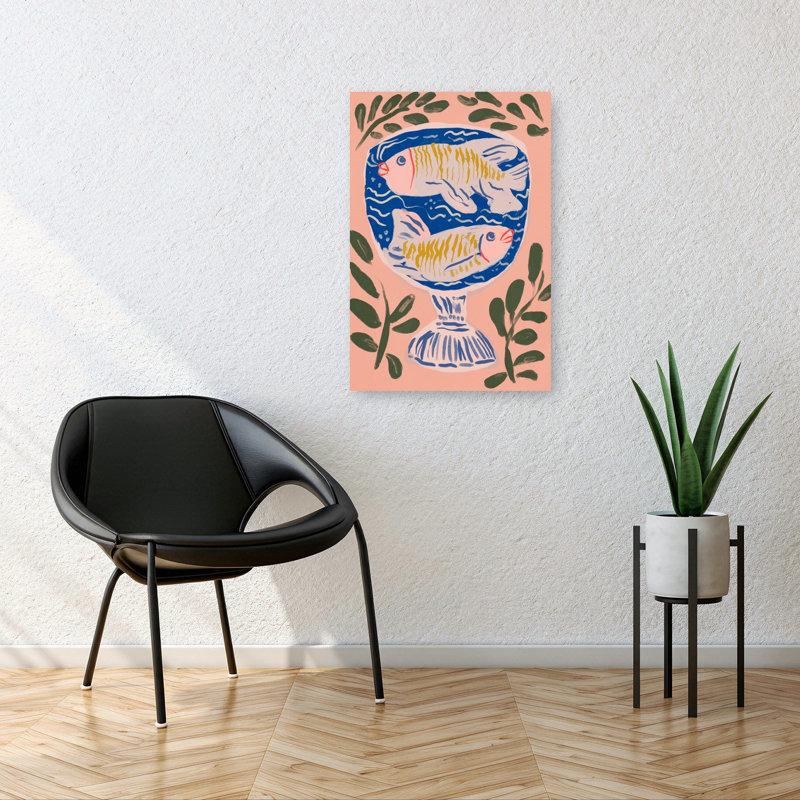 Deux poissons dans un bol, art contemporain abstrait, plante naturelle, 36" H x 24" W