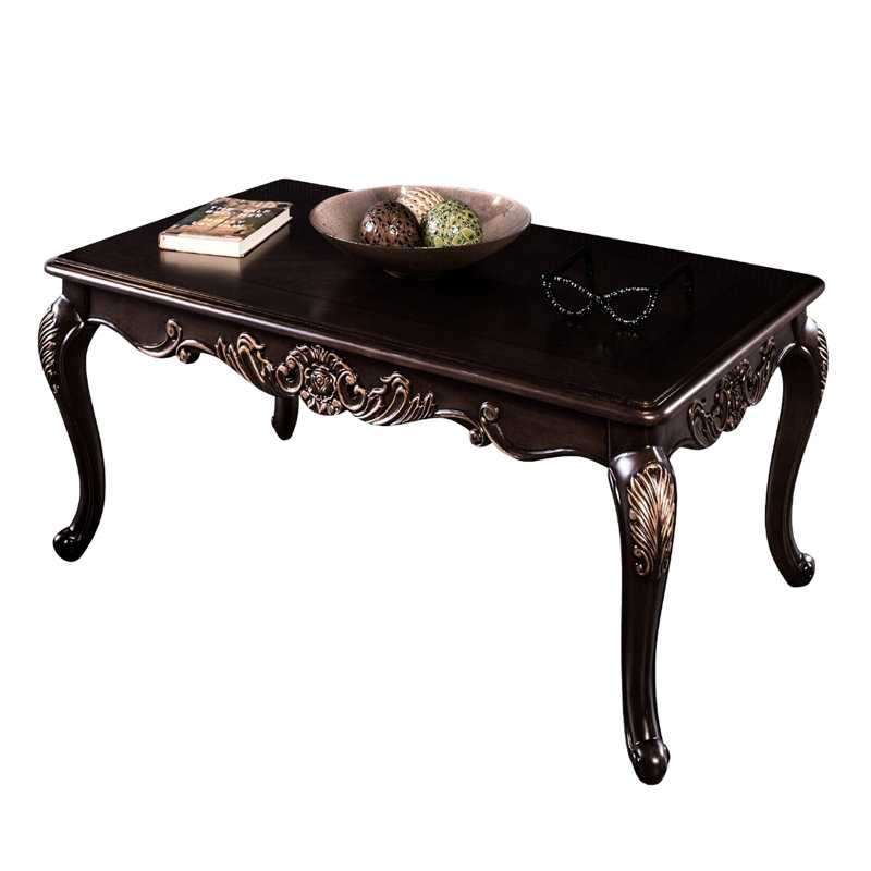 1Pc Dark Cherry Traditional Style Coffee Table, Rectangle Shape, Solid Wood Structure, Legs, Design And Gold Highlights, 52"W X 30.5"D 19"H