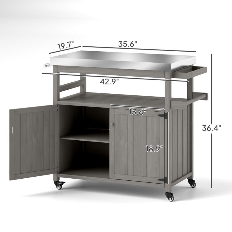 Chariot-bar d'extérieur en bois massif avec roulettes verrouillables, Gris