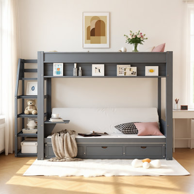 Full Size Convertible Wood Bunk Bed with Storage Staircase, Pull-Out Daybed, Bedside Table & 3 Drawers