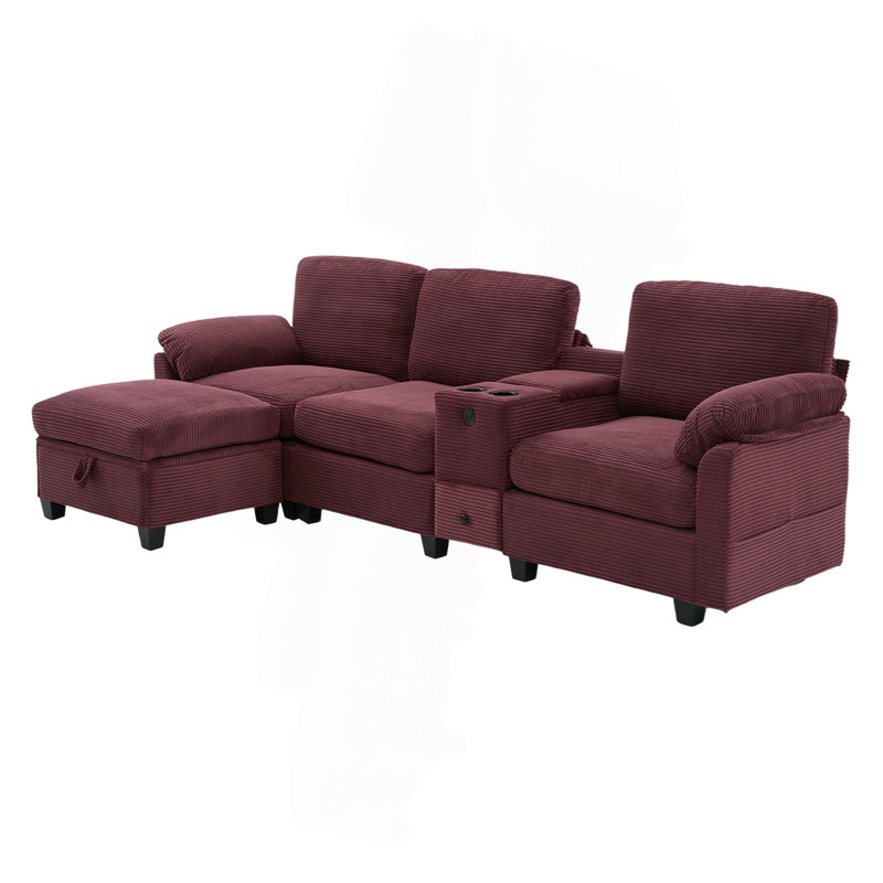Canapé en velours côtelé multifonctionnel de type L: conception segmentée à 4 places avec porte-gobelet / USB / boîte de rangement, équipé d'une console mobile et d'un espace de rangement de style repose-pieds, optimisé pour