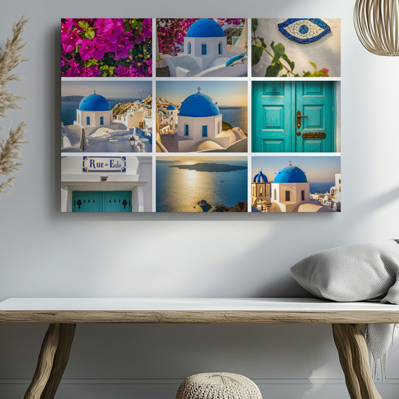 Toile «A Vibrant Collage Capturant The Essence Of Santorini», art mural traditionnel en forme de dôme bleu avec art mural sur toile complexe