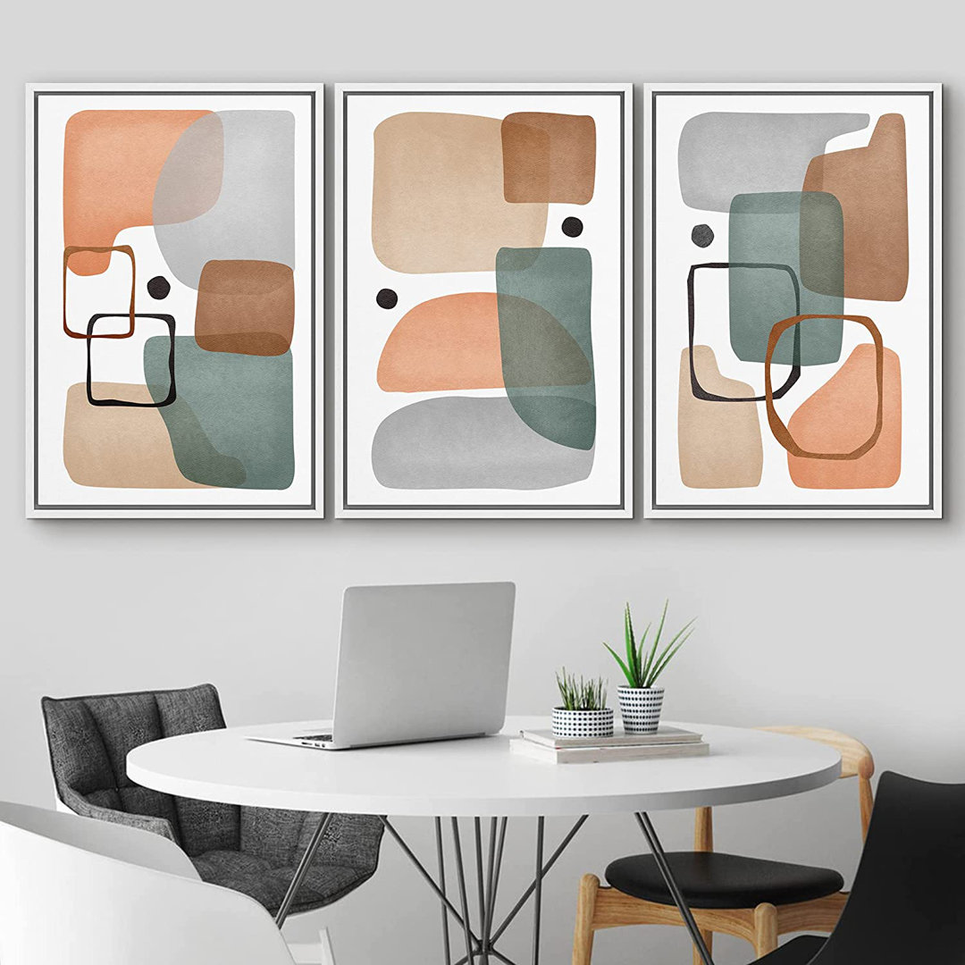 Mid Century Shape " IDEA4WALL Framed Wall Art Print Set Retro 1960s Pastel Polygon Collage Abstract Shapes Illustrations Modern Decorative Multicolor Relax/Calm Boho For Living Room, Bedroom, Office " 3 - Pieces IDEA4WALL Frame 
