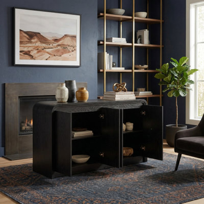 Curved Edge 55.12" Wide Black MDF 4-Door Buffet Cabinet with Storage