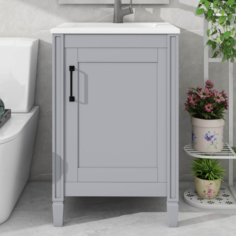 Armoire de meuble-lavabo compacte en céramique 20 po avec 1 porte à fermeture silencieuse et beaucoup de rangement, Gris