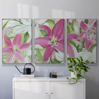 Lys roses et blancs III, reproduction sur toile 3 pièces