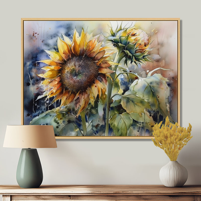 Jaune tournesol symphonie IV - impressions encadrées de tournesol, H 34 po x l 44 po x P 1,5 po, Cadre flottant érable