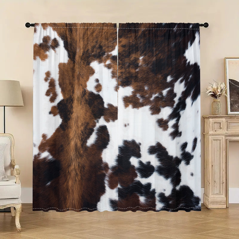 2Pcs Cowhide Pattern Curtain Panel Western Style Rod Pocket Window Drapes Brown White Cattle Print Rustic Country Farmhouse Curtains Light Filtering Panels for Living Room Bedroom Kitchen Home Decor