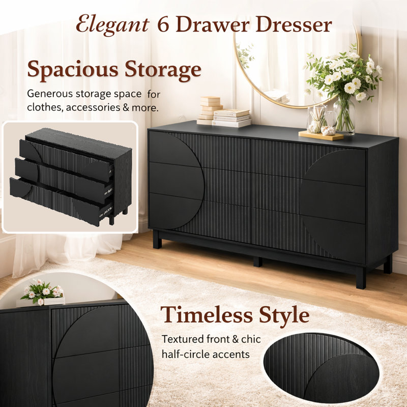Elegant Design 60"W 6 Drawer Dresser, Carbon Black