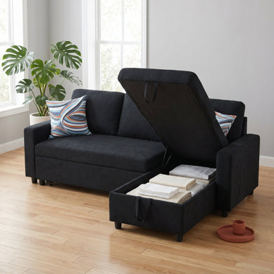 Black Flannel Convertible L-Shaped Sleeper Sofa, 2-Piece Reversible Sectional with Storage Chaise