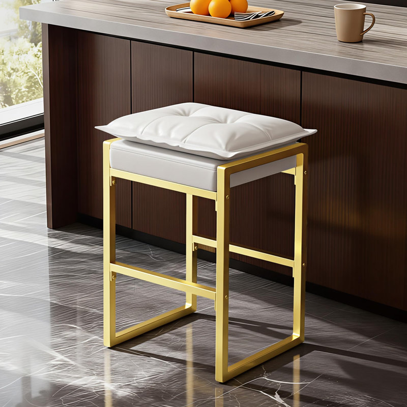 27"H Cloud Upholstered Counter Stool with Metal Frame, White Seat/ Gold Frame, 1
