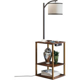 Floor Lamp With Table, End Table With Lamp, Shelves, Charging Station(USB & AC Port), 3-Colour Temperature LED Bulb, Side Table Lamps For Living Room, Bedroom, Office, Grey Oak
