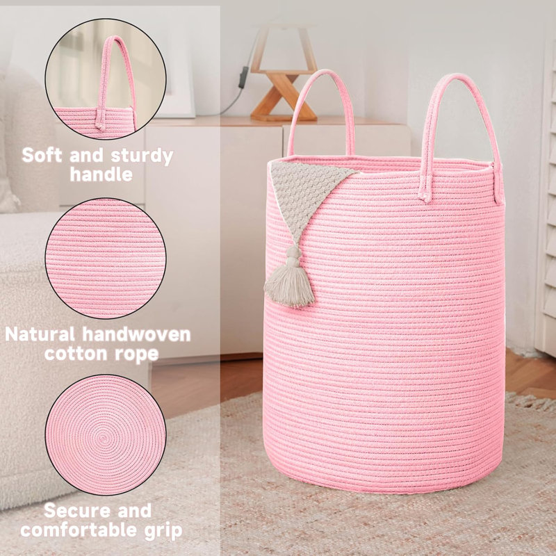 Large Woven Laundry Basket Hamper, Cotton Rope Storage Bin For Blankets, Toys, And Clothes, Decorative Tall Nursery Hamper For Living Room, Bedroom, And Bathroom