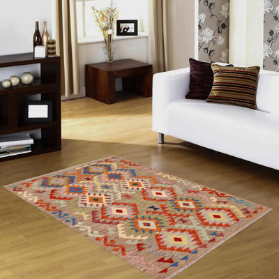 Tapis rectangulaire en laine tissé à plat à motif géométrique de 3 pi 4 po x 4 pi 11 po rouge Rosenkranz