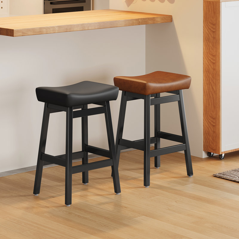 26" Solid Wood Counter Height Bar Stools Set of 2 with Faux Leather Upholstered Saddle Seat,Black, 2, Black