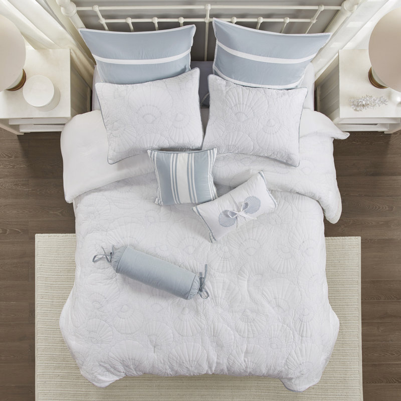 Édredon 100% coton texturé à motif de coquillage bleu pour une literie élégante