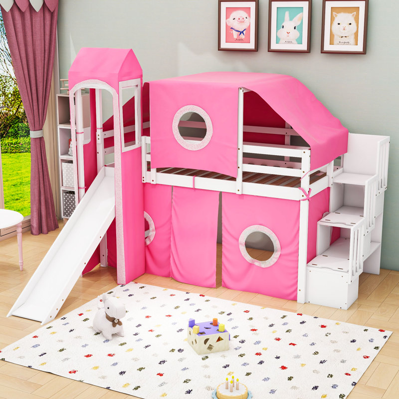 Jaleana Slat Loft Bed with Bookcase, Pink, Twin