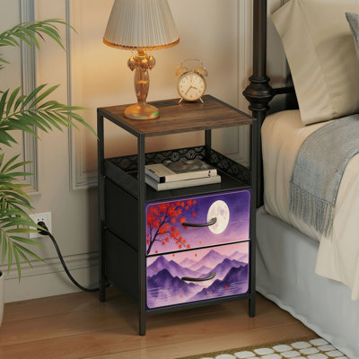 Table de chevet 2 tiroirs avec station de charge, table de chevet pour chambre à coucher avec ports USB, tablette ouverte noire, table de chevet avec pleine lune, feuilles d'automne, impression de rêve au crépuscule