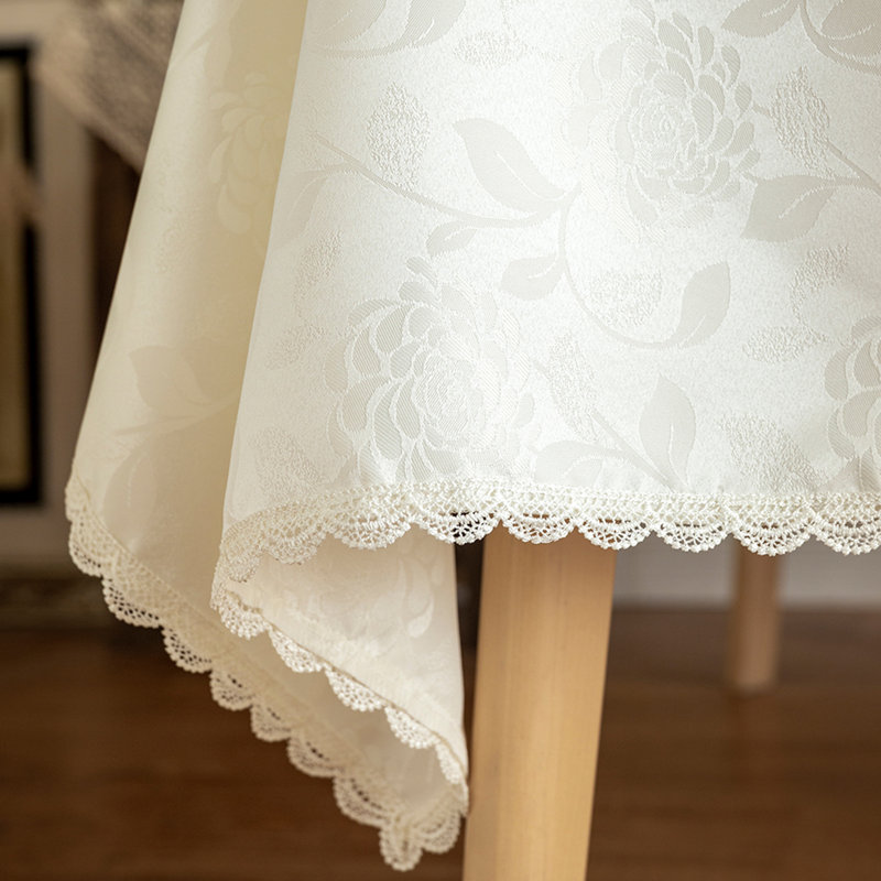 Rosdorf Park Textured Tablecloth Waterproof Spillproof Lace Trim Rectangle Jacquard Fabric Table Cloth, Kitchen Dinning Tabletop Decoration, Round Table Cover For Outdoor Use,Ivory White