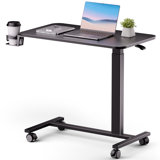 Adjustable Overbed Bedside Table With Lockable Wheels, Pneumatic Mobile Standing Laptop Desk, Small Standing Desk Portable Rolling Overbed Table Hospital Home Use