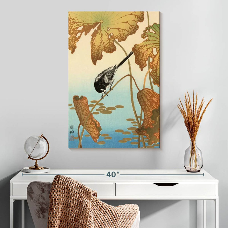 Harnek Japanese Wagtail On Lotus Plant, 30" H x 20" W