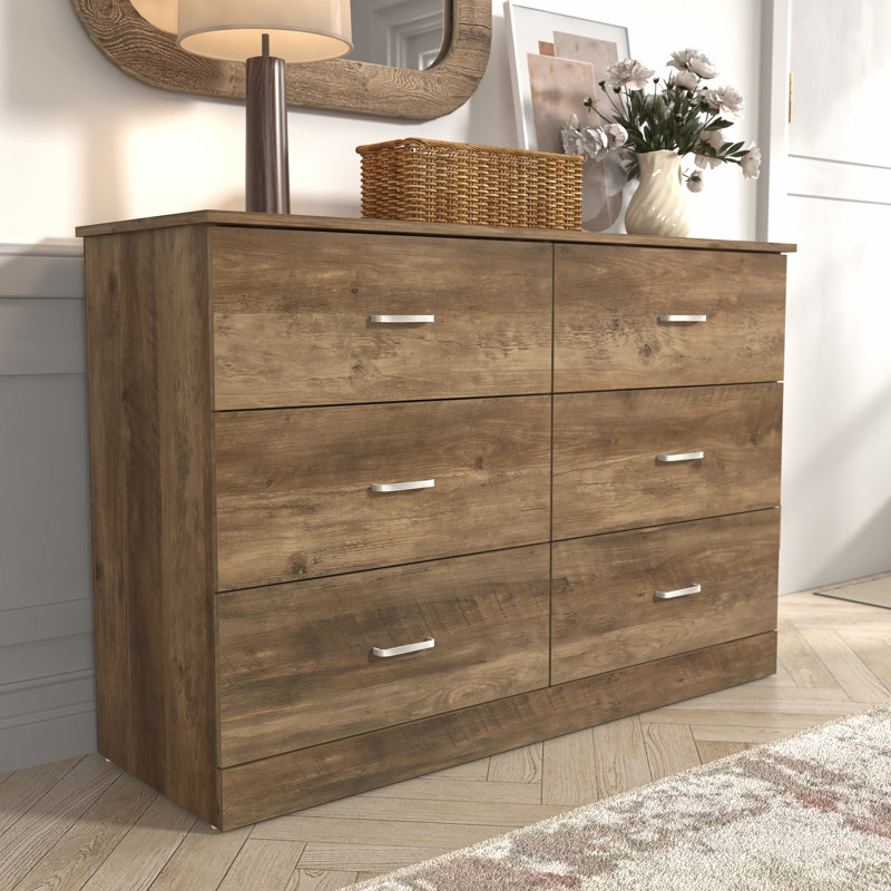 Allyannah 47" W 6-Drawer Manufactured Wood Double Dresser with Interlocking Drawers, Knotty Oak
