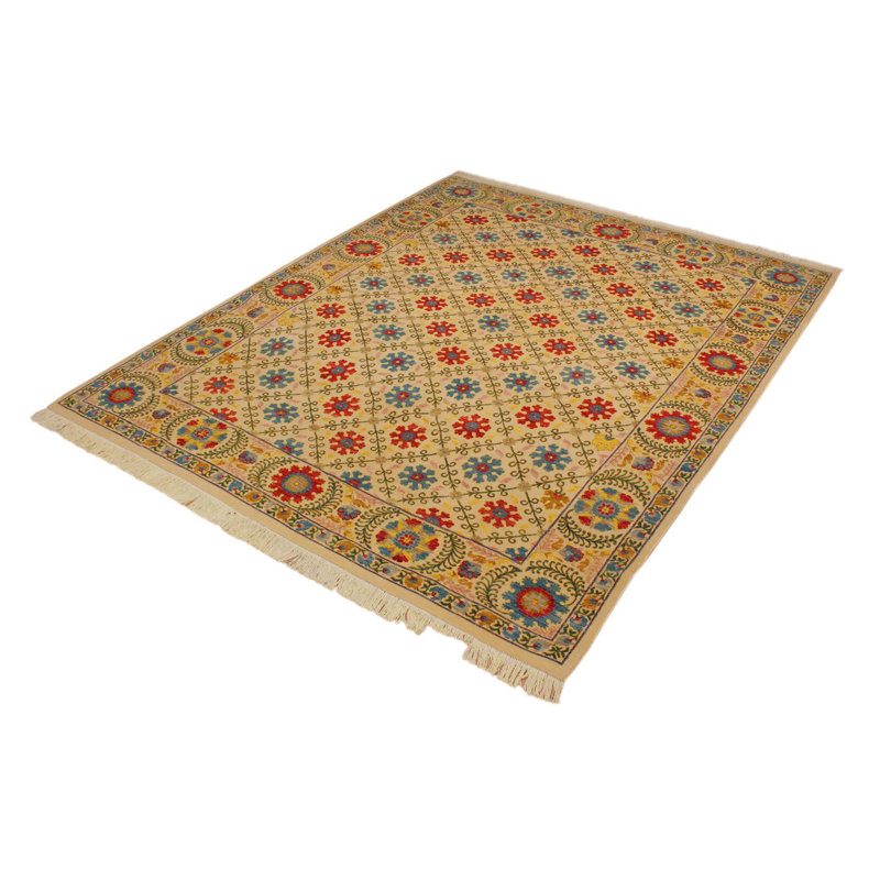 Tapis taupe / rouge / bleu en laine noué à la main 9 pi 6 po x 12 pi 5 po Everard