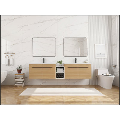 Meuble-lavabo mural 84 po avec lavabo à poser en résine et tablettes de rangement, 4 portes à fermeture douce, conception peu encombrante