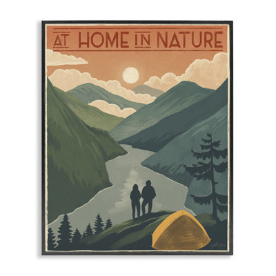 «At Home In Nature Expression», tente de camping, montagnes, encadré noir, estampe numérique de Janelle Penner