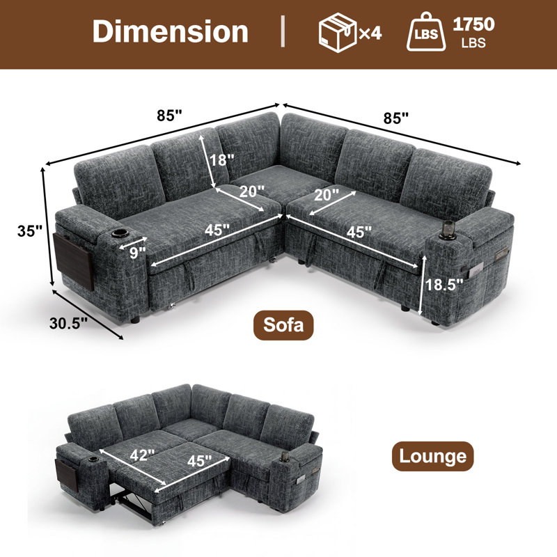 Canapé modulaire de 85 po avec lit escamotable de 85 po, canapé-lit escamotable en forme de L à 5 places avec ports USB, canapé-lit modulaire, grands canapés modulaires pour le salon