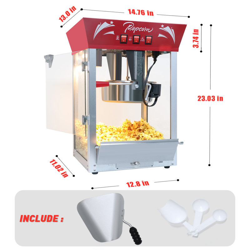 Machine à maïs soufflé en acier inoxydable 12 onces avec verre trempé, pop-corn de comptoir de 850 W pour fêtes, événements et cinéma maison