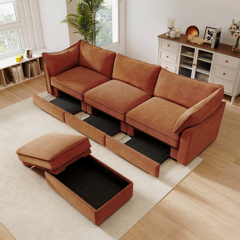 Canapé modulaire en L 3 places, canapé 3 places avec 1 repose-pieds mobile, accoudoirs en forme de croissant et coussins de dossier et d'accoudoirs enveloppants, doux, confortable, large et profond, orange chenille