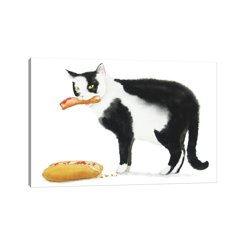 Black Cat And Hot Dog by Alexey Dmitrievich Shmyrov - Wrapped Canvas Print, 20.32 cm H x 30.48 cm W