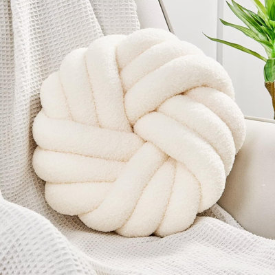 Coussins décoratifs ronds de 14 pouces, coussins ronds noués à la main et coussins pelucheux décoratifs pour le salon (ivoire, 14 pouces)