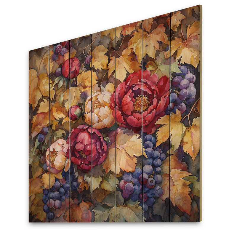 Pivoines et vigne d'automne III - Décoration murale en bois de pivoines - sur bois de pin naturel