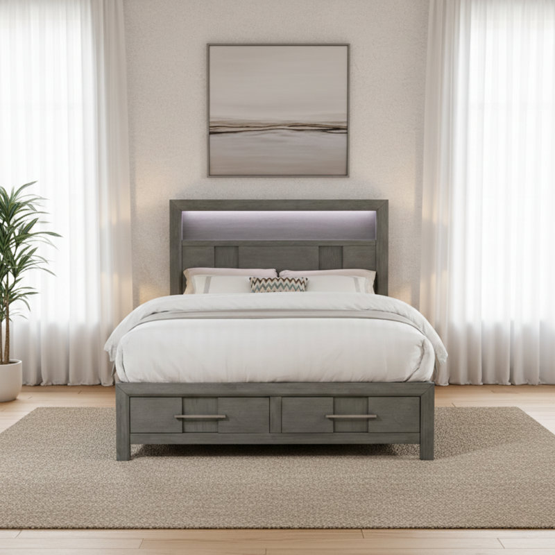 Mishaela, grand, 3 pièces, gris, Trois articles : lit, deux tables de chevet, Gris, Grand
