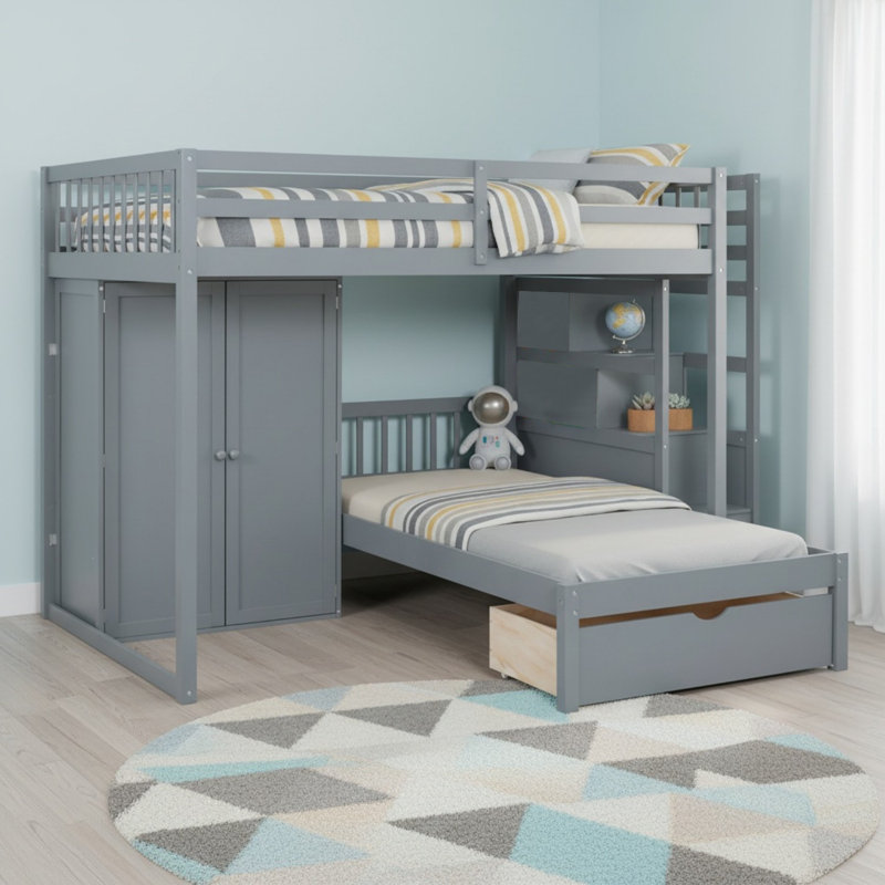 Lit superposé double en bois massif avec garde-robe et tiroirs, Gris