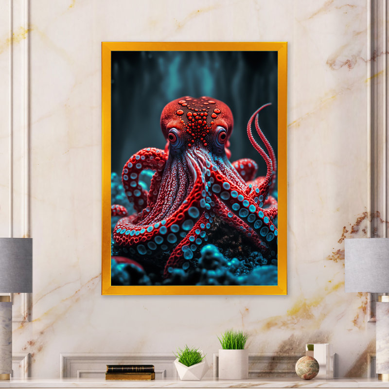 «Katyria Red Octopus On The Ocean Floor IV», reproduction sur toile, L 12 po x H 20 po, Impression dorée sur toile encadrée