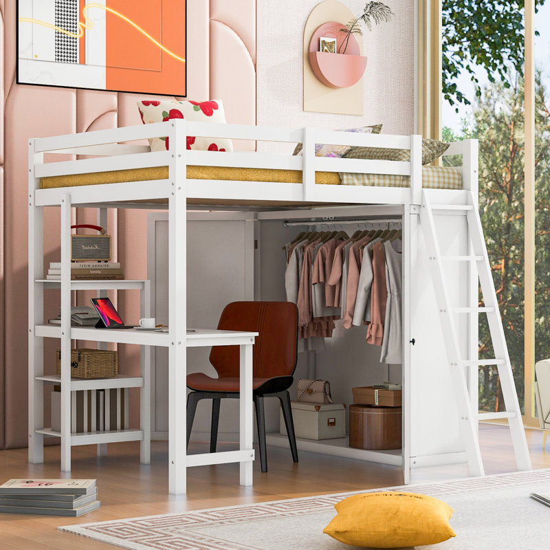 Lit mezzanine double avec garde-robe, bureau et tablettes, blanc