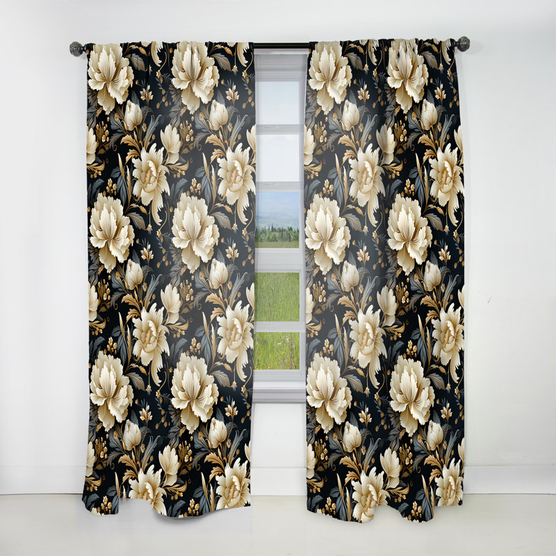 Beige And Blue Damask Fusion I - Bohemian Curtain - Velvet Room Darkening - 1 Panel, 52" W x 90" L