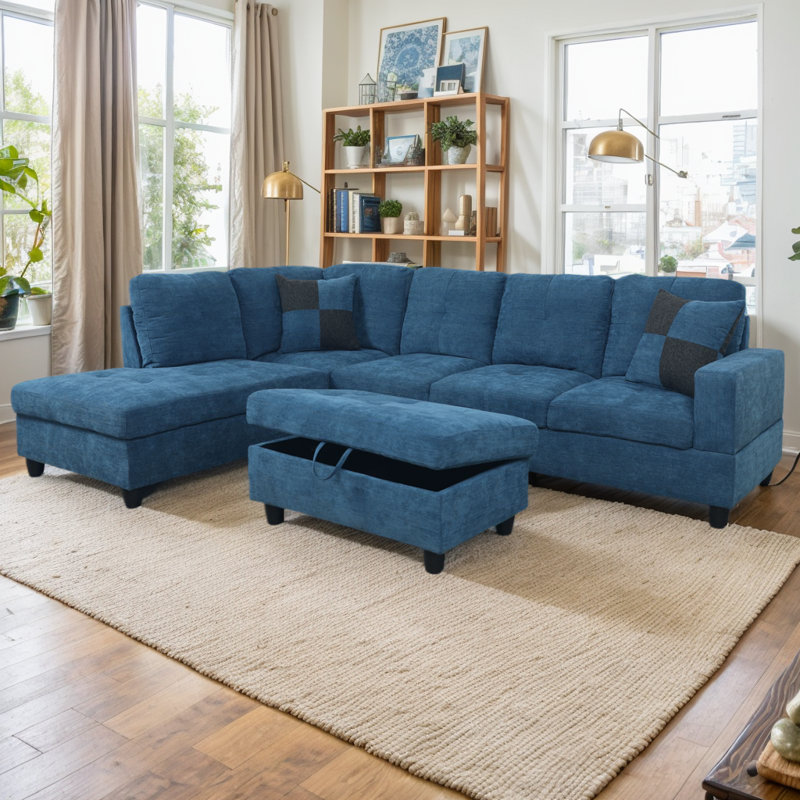 Canapé modulaire avec repose-pieds 103,5 po Tatiauna, Accoudoir à gauche (vu de face), Velours bleu