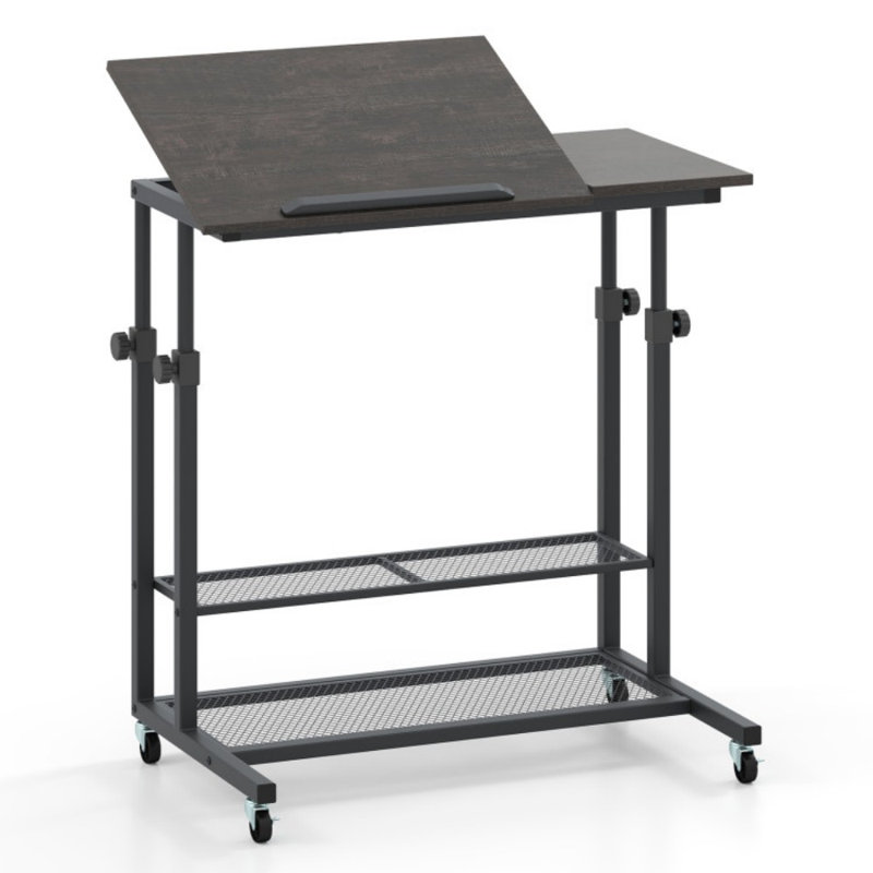 Table mobile debout autoportante à hauteur réglable avec plateau inclinable, Chêne
