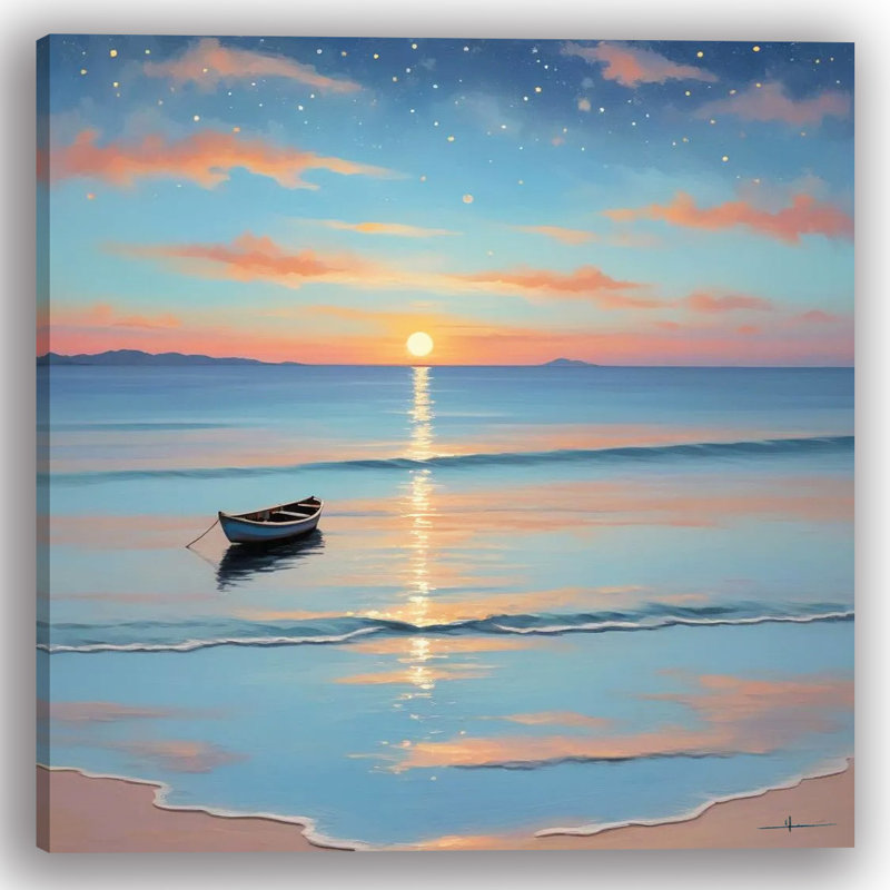 «Moonlit Boat on Tranquil Waters at Sunset», art mural sur toile tendue, H 12 po x l 12 po x P 1 po