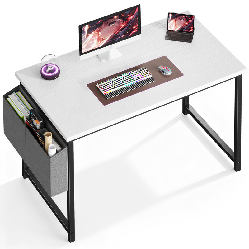 Bureau d'ordinateur 31 po avec structure en métal, surface imperméable et sac de rangement - idéal pour le bureau, Blanc